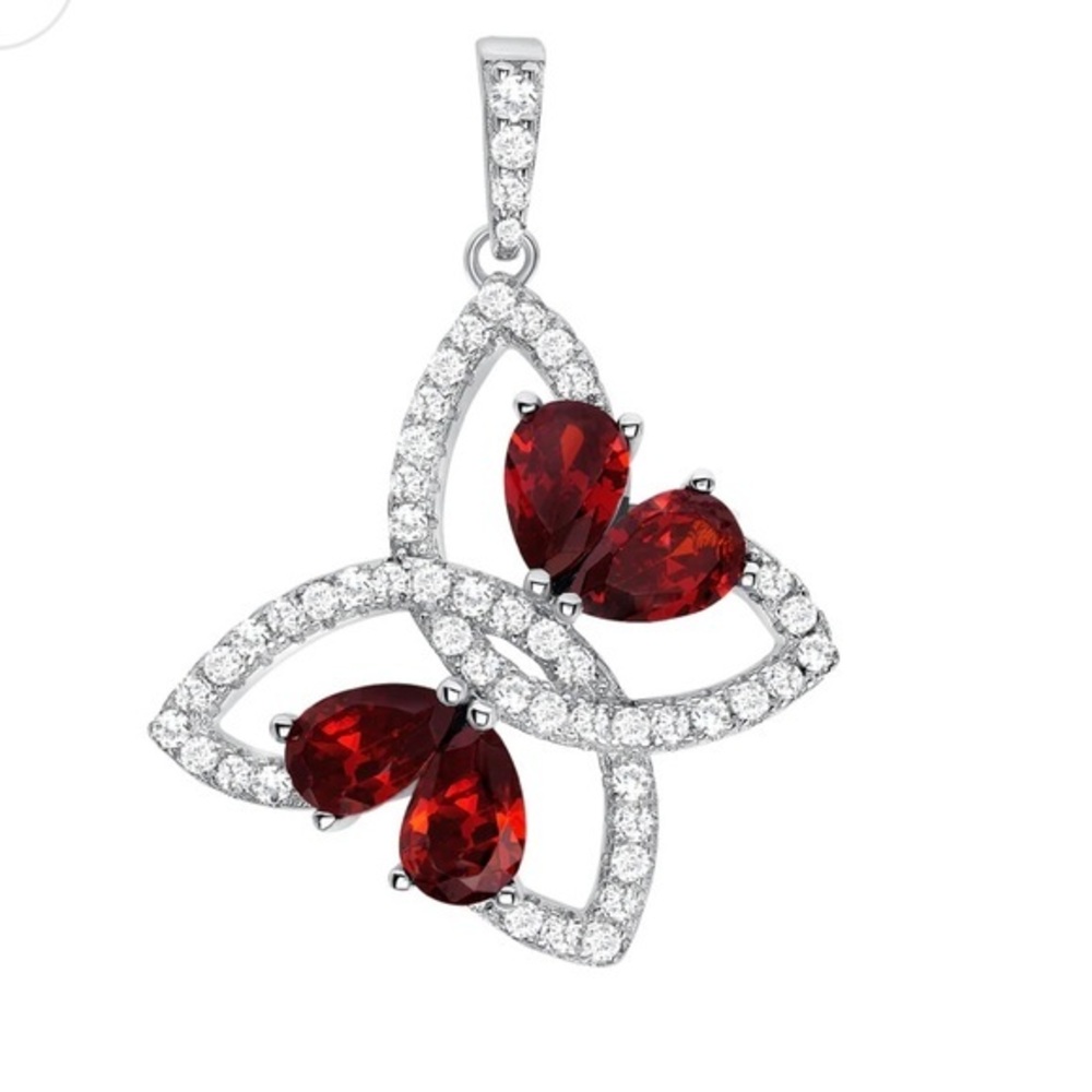 Silver 925 Rhodium Plated Cubic Zirconia & Red Butterfly Drop Pendant
